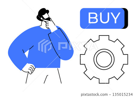 Consumer behavior, e-commerce, marketing strategy, purchasing decisions, online shopping, innovation. A thoughtful man, gear icon and buy button. Consumer behavior and e-commerce concept 135015234
