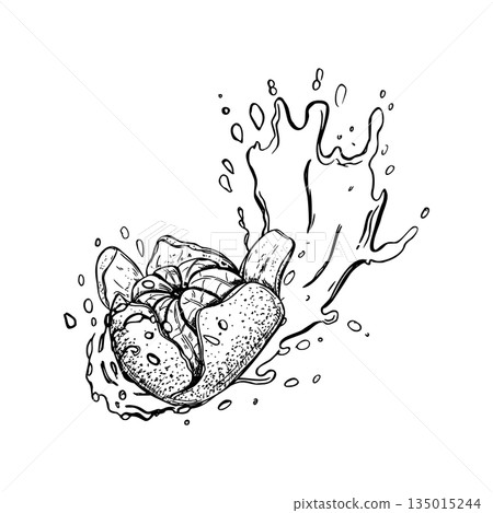 Mandarin orange in peel on juice splash vector illustration in black ink etching style. Hand drawn sweet ripe tangerine citrus flying in water splatter waves, juice drops graphic sketch. 135015244
