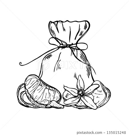 Dried fruits, citrus peel and flowers in cotton sack tied with rope vector isolated illustration. Monochrome aromatic sachet for storing fruit pieces, and fresh mandarin slices etching drawing. Dried fruits, citrus peel and flowers in cotton sack tied with rope vector isolated illustration. Monochrome aromatic sachet for storing fruit pieces, and fresh mandarin slices etching drawing. 135015248