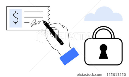 Digital payments, financial transactions, online banking, data security, signature verification, encryption. A hand signing a check beside a lock icon and a cloud. Digital payments and data security 135015250