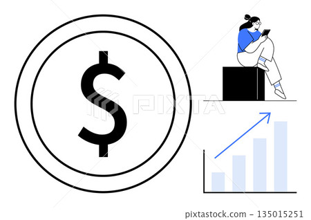 Financial literacy, investment strategies, business growth, fintech, economic planning, market analysis. Dollar symbol, bar chart woman using smartphone. Financial literacy and investment strategies Financial literacy, investment strategies, business growth, fintech, economic planning, market analysis. Dollar symbol, bar chart woman using smartphone. Financial literacy and investment strategies 135015251