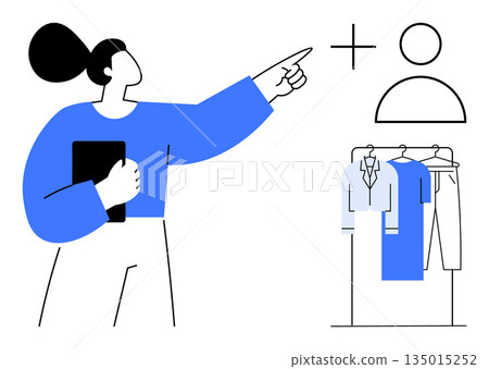 E-commerce, online shopping, user management, digital retail, customer profiles, apparel selection. Woman pointing at user profile and wardrobe items. E-commerce and online shopping E-commerce, online shopping, user management, digital retail, customer profiles, apparel selection. Woman pointing at user profile and wardrobe items. E-commerce and online shopping 135015252
