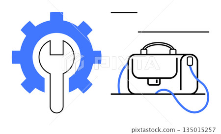 Work management, resources, repair, professional tools, business solutions, productivity. Blue gear and wrench beside a minimalistic briefcase graphic. Work tools and business solutions concept 135015257