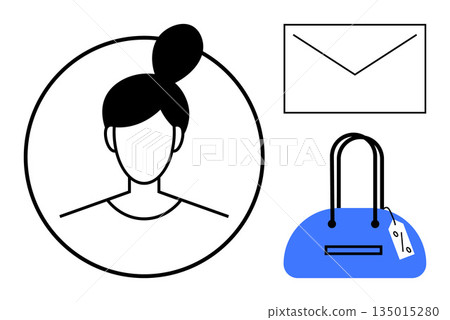 Identity, communication, shopping, fashion, personal branding, commercial services. Female head portrait outline, an envelope and a blue handbag with a tag. Identity and communication concept Identity, communication, shopping, fashion, personal branding, commercial services. Female head portrait outline, an envelope and a blue handbag with a tag. Identity and communication concept 135015280