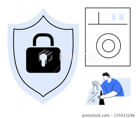Cybersecurity, online shopping, data protection, privacy, ecommerce, consumer safety. A shield with a lock, a washing machine icon and a person with shopping bags. Cybersecurity and online shopping 135015286