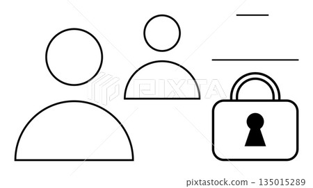 Online security, identity verification, privacy protection, data encryption, account management, cybersecurity. Two user icons and a lock. Online security and identity verification concept Online security, identity verification, privacy protection, data encryption, account management, cybersecurity. Two user icons and a lock. Online security and identity verification concept 135015289