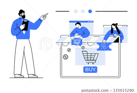 E-commerce, digital transactions, online deals, cash rewards, savings, retail shopping. A person pointing at a screen displaying shopping cart, cashback and discount visuals. E-commerce and digital 135015290