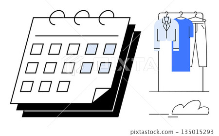 Time management, clothing organization, planning, productivity tools, event scheduling, minimalism. Calendar with a grid layout next to hanging clothes on a rack. Time management and organization 135015293