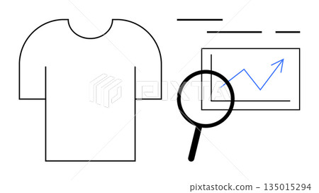 Fashion analytics, trend prediction, market research, e-commerce optimization, retail growth, product insights. T-shirt with magnifying glass and upward chart. Fashion analytics and trend prediction Fashion analytics, trend prediction, market research, e-commerce optimization, retail growth, product insights. T-shirt with magnifying glass and upward chart. Fashion analytics and trend prediction 135015294