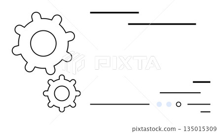 Technology, automation, process management, engineering, digital transformation, mechanical systems. Two outlined gears accompanied by dynamic abstract lines. Technology and automation concepts 135015309