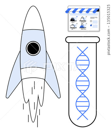 Innovation, technology, e-commerce, biotech, startups, science. Rocket launch, DNA helix in a test tube online store interface. Innovation and technology concepts with futuristic elements 135015325