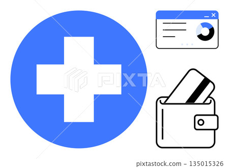 Digital payment, healthcare access, financial management, online transactions, data analysis, electronic wallets. Blue medical cross, wallet with card analytics dashboard. Digital payment Digital payment, healthcare access, financial management, online transactions, data analysis, electronic wallets. Blue medical cross, wallet with card analytics dashboard. Digital payment 135015326