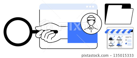 Digital identity, online security, data management, e-commerce, user profiles, research. A magnifying glass, profile icon files and marketplace. Digital identity and online security Digital identity, online security, data management, e-commerce, user profiles, research. A magnifying glass, profile icon files and marketplace. Digital identity and online security 135015333