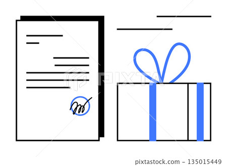 Business agreements, legal terms, gifting, contracts, transactions, corporate rewards. A signed document beside a gift box. Business agreements and gifting concepts combined visually Business agreements, legal terms, gifting, contracts, transactions, corporate rewards. A signed document beside a gift box. Business agreements and gifting concepts combined visually 135015449