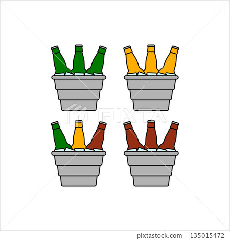 Bottles of beer in a metal bucket with ice cubes. Colored vector illustration and icons on a white background. Outline and line style. Bottles of beer in a metal bucket with ice cubes. Colored vector illustration and icons on a white background. Outline and line style. 135015472