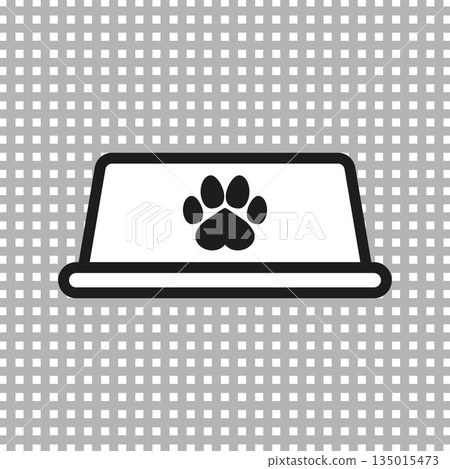 Empty dog food bowl icon with paw print. Black and white line vector illustration on transparent background. Empty dog food bowl icon with paw print. Black and white line vector illustration on transparent background. 135015473