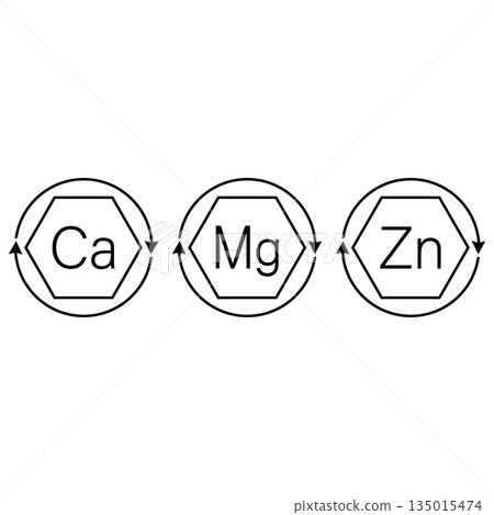 Calcium, magnesium and zinc vitamins. Ca, Mg, Zn icon set. Vector clipart and drawing. Isolated illustration on white background. Calcium, magnesium and zinc vitamins. Ca, Mg, Zn icon set. Vector clipart and drawing. Isolated illustration on white background. 135015474