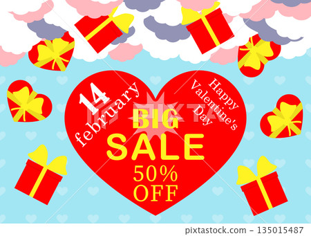 Valentines day sale offer, poster banner design with big heart and falling gifts. Vector illustration. Editable template. Valentines day sale offer, poster banner design with big heart and falling gifts. Vector illustration. Editable template. 135015487