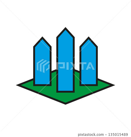 Logo of a real estate agency, a construction company, architectural bureau. Abstract logo with houses standing on green background. Simple minimal design. Vector illustration.  135015489