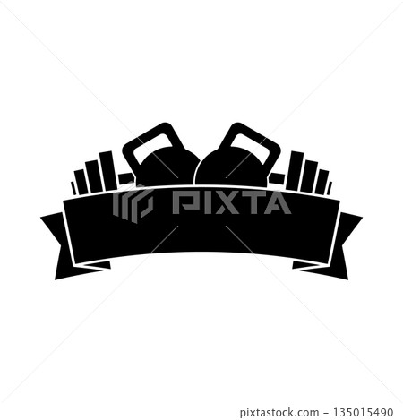 Gym logo. Emblem for fitness. Kettlebell and barbell with ribbon banner. Isolated vector illustration on white background. 135015490