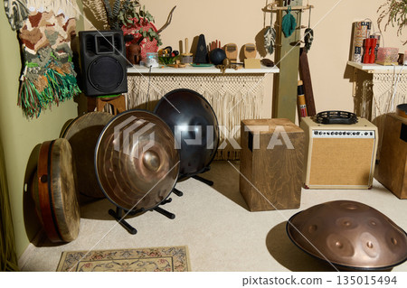 Home percussion studio for meditative practice and recording 135015494