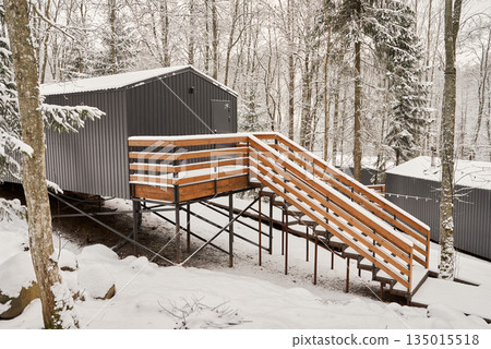 Elevated Cabin Accessed Via Icy Stairs, Snowcovered Staircase Guides Toward Sturdy Mountain Shelter Elevated Cabin Accessed Via Icy Stairs, Snowcovered Staircase Guides Toward Sturdy Mountain Shelter 135015518