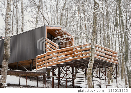 Wooden Shelter Design, Stylish Wood Deck With Shelter Showing Craftsmanship Details And Snow Accumulation Wooden Shelter Design, Stylish Wood Deck With Shelter Showing Craftsmanship Details And Snow Accumulation 135015523