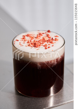 Rich Chocolate Drink, Luxurious Dark Chocolate Espresso Beverage Topped With Microfoam And Raspberries 135015648