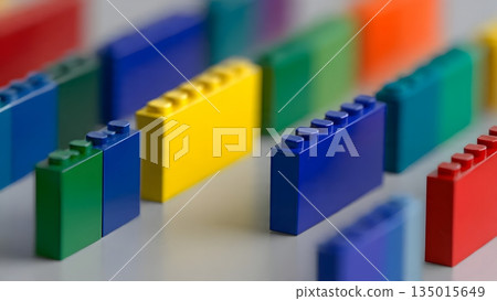 Vibrant plastic bricks toy arranged in colorful rows showcasing building creativity for playful educational experiences inspiring imagination and fun design. AI Generated 135015649