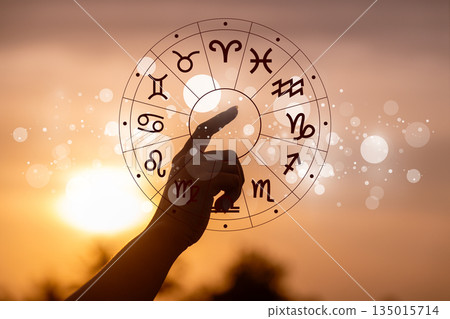 Zodiac signs, astrology and horoscopes concepts. Zodiac signs inside of horoscope circle. Astrology in the sky with many stars and moons astrology and horoscopes concept 135015714