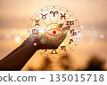 Zodiac signs, astrology and horoscopes concepts. Zodiac signs inside of horoscope circle. Astrology in the sky with many stars and moons astrology and horoscopes concept 135015718