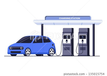 Electric Vehicle EV Charging Station with Power Plug Icon Illustration 135015754
