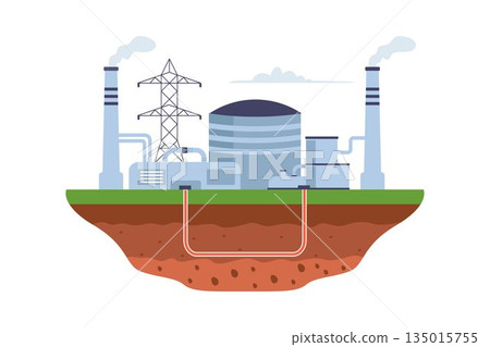 Illustration of Geothermal Power Plant Illustration Representing Renewable Heat Energy 135015755
