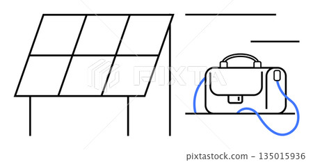 Renewable energy, power supply, portable charging, green technology, eco-friendly solutions, sustainable design. Solar panel connected to a bag through a cable. Renewable energy and power supply 135015936
