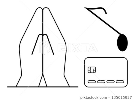 Religion, finance, cooking, conceptual design, minimalism, abstract shapes. Black and white outline showing praying hands, a credit card and a ladle. Religion and finance conceptual 135015937