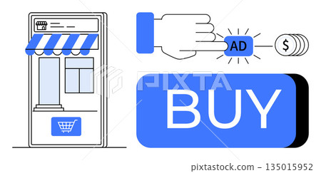 Online shopping, digital marketing, paid ads, e-commerce growth, retail business, consumer spending. Illustrated storefront with cart logo and hand clicking ad button. Online shopping and digital 135015952