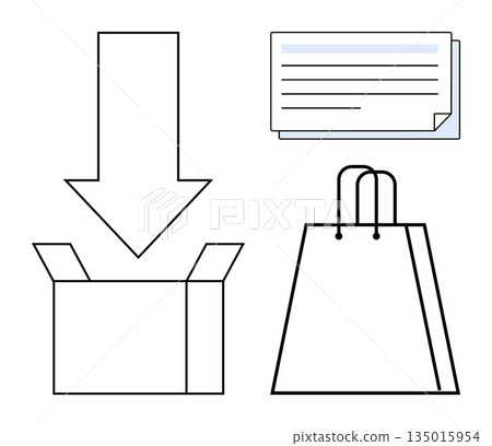 Ecommerce, delivery process, packaging, retail transactions, online shopping, logistics. Box with arrow, shopping bag document icon. Ecommerce and delivery process visual concept Ecommerce, delivery process, packaging, retail transactions, online shopping, logistics. Box with arrow, shopping bag document icon. Ecommerce and delivery process visual concept 135015954