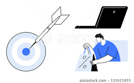 Digital marketing, e-commerce goals, online shopping, business strategy, user engagement, and sales growth. A target with an arrow, a laptop and a man holding shopping bags. Digital marketing Digital marketing, e-commerce goals, online shopping, business strategy, user engagement, and sales growth. A target with an arrow, a laptop and a man holding shopping bags. Digital marketing 135015955