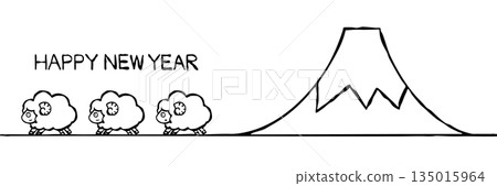 [Line drawing] New Year's card material: Sheep and Mt. Fuji 135015964