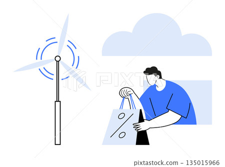 Sustainability, green energy, clean shopping, eco-conscious lifestyle, renewable resources, environmental awareness. Wind turbine and person holding shopping bags. Sustainability and green energy Sustainability, green energy, clean shopping, eco-conscious lifestyle, renewable resources, environmental awareness. Wind turbine and person holding shopping bags. Sustainability and green energy 135015966