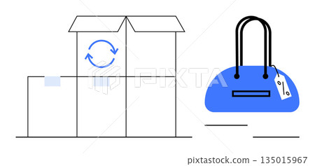 E-commerce, product delivery, shipping businesses, returns processing, retail services, sustainable packaging. Open boxes with return icon, blue handbag with price tag. E-commerce and product 135015967