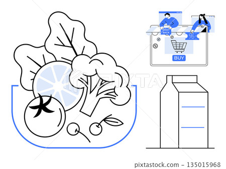 E-commerce, health, nutrition, online shopping, grocery delivery, sustainable choices. Fresh produce, digital cart milk carton. E-commerce and health concepts for modern lifestyles and convenience E-commerce, health, nutrition, online shopping, grocery delivery, sustainable choices. Fresh produce, digital cart milk carton. E-commerce and health concepts for modern lifestyles and convenience 135015968