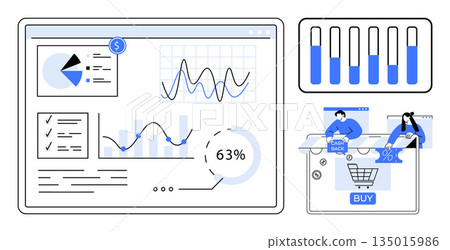 Data analysis, e-commerce, business growth, online transactions, performance tracking, customer insights. Charts, graphs progress bars and online shoppers. Data analysis and e-commerce concept Data analysis, e-commerce, business growth, online transactions, performance tracking, customer insights. Charts, graphs progress bars and online shoppers. Data analysis and e-commerce concept 135015986