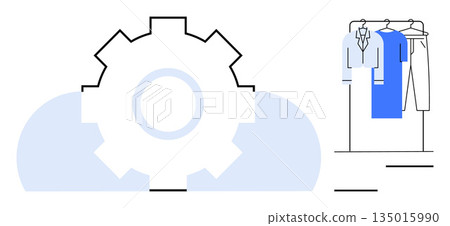 Fashion technology, automation, innovation, clothing design, retail industry, manufacturing process. Gear symbol with a clothing rack. Fashion technology and automation in retail concept 135015990