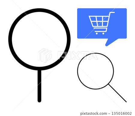 E-commerce, online shopping, product search, digital stores, browsing interfaces, market analysis. A magnifying glass and shopping cart in a speech bubble. E-commerce and online shopping concept E-commerce, online shopping, product search, digital stores, browsing interfaces, market analysis. A magnifying glass and shopping cart in a speech bubble. E-commerce and online shopping concept 135016002