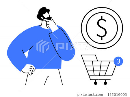 E-commerce, financial planning, online shopping, decision-making, consumer behavior, digital transactions. A man in thought near a shopping cart and dollar sign. E-commerce and financial planning 135016003