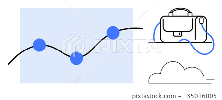 Business growth, technology innovation, digital tools, cloud computing, professional services, work-life solutions. A graph line with dots, a bag and a cloud icon. Business growth and technology 135016005