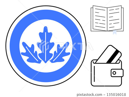 National identity, financial transactions, education, emblem imagery, commerce, learning. Blue leaf design in a circle, wallet with card and open book. National identity and financial transactions National identity, financial transactions, education, emblem imagery, commerce, learning. Blue leaf design in a circle, wallet with card and open book. National identity and financial transactions 135016018