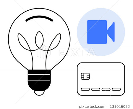Creativity, innovation, finance, digital media, online services, technology. Black lightbulb outline, blue video camera icon and minimalist credit card. Creativity and digital media concept 135016023