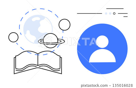 Online learning, global education, knowledge sharing, user profiles, e-learning . Open book, globe with orbit elements, profile icon with lines. Online learning and global education design 135016028